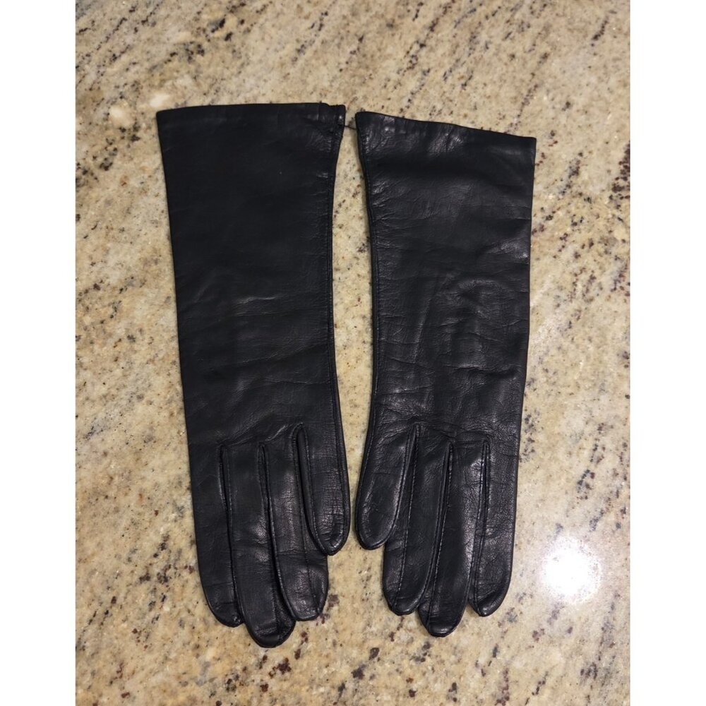 New! Vintage Women's Size S 6.5 Black Leather Silk Lined Formal 11" Long Gloves